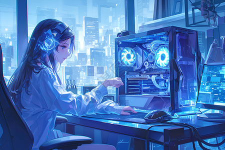 电脑科幻少女与虚拟世界插画