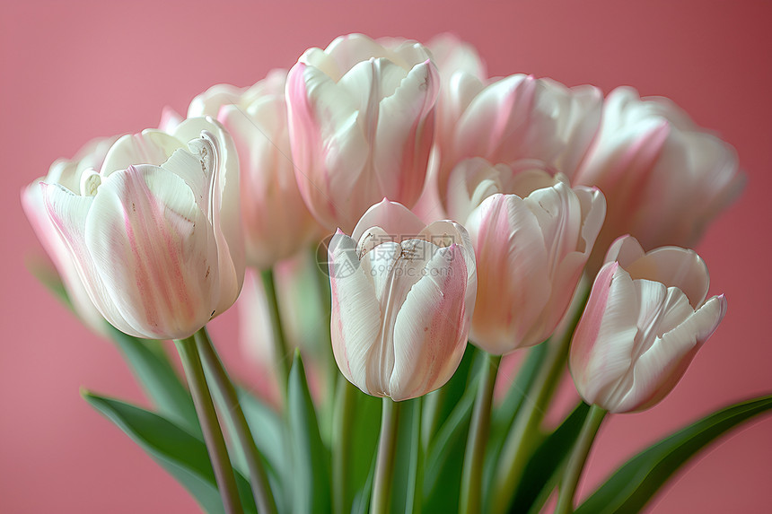 粉色背景上的白色郁金香花束图片