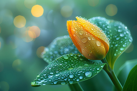 鲜花 绿叶清晨露珠滴在绿叶上的特写背景