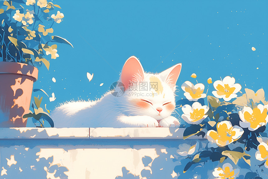 阳光下的猫咪与花盆插画图片