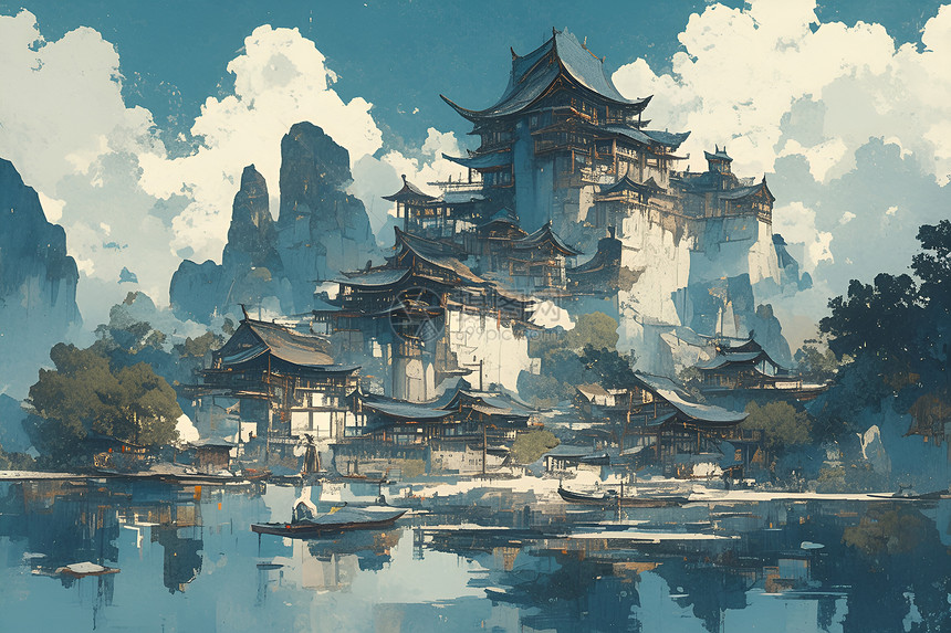 山水湖光风景插画图片