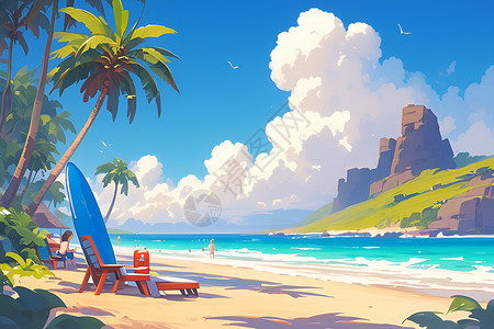 海边的躺椅插画背景图片
