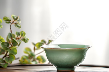 雅致的绿色瓷茶碗背景图片
