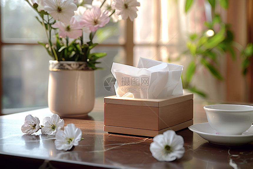 桌子上的一盒纸巾和花朵图片