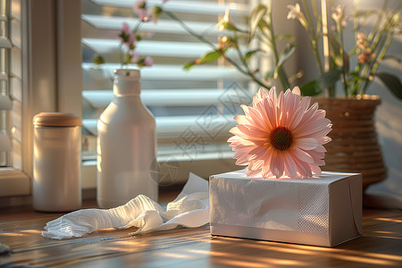 纸巾盒样机房间桌面上的纸巾盒和花朵背景