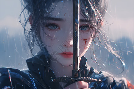 雨中拿着剑的女孩背景图片