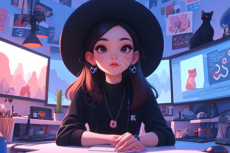 黑帽少女与艺术科技背景图片