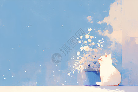 白猫与植物白猫盘踞花盆插画