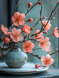 花瓶里的桃花静物背景图片