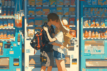 售货机一对男女情侣亲吻插画