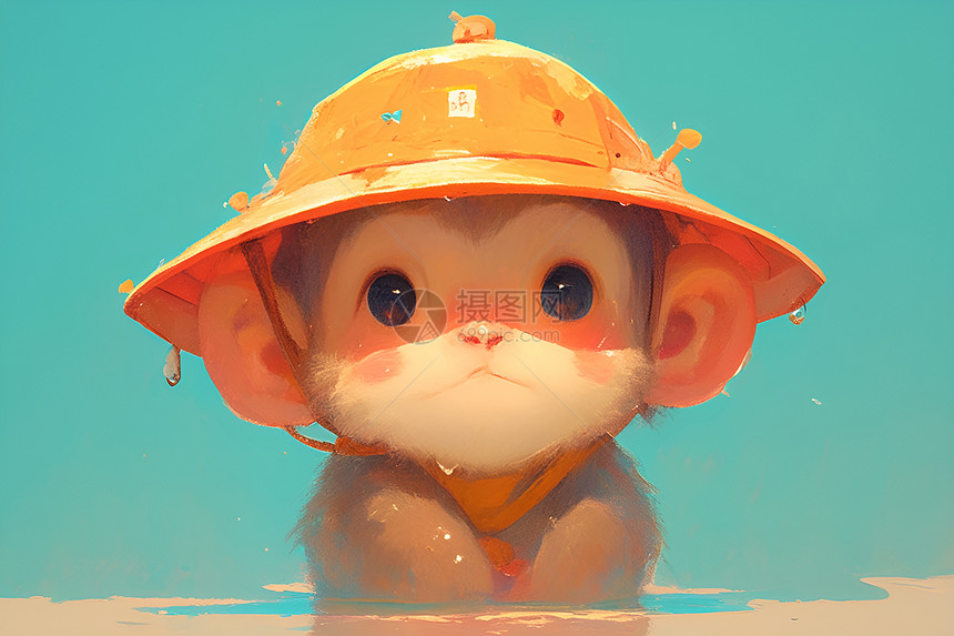 可爱的水猴子佩戴着桔色无帽帽图片