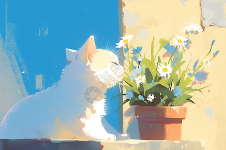 石雕花盆清澈蓝天下的猫咪和花朵插画