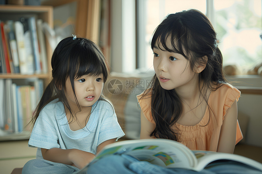 两个小女孩在地板上读书图片