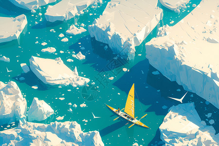 冰山浮动的黄色船只背景图片