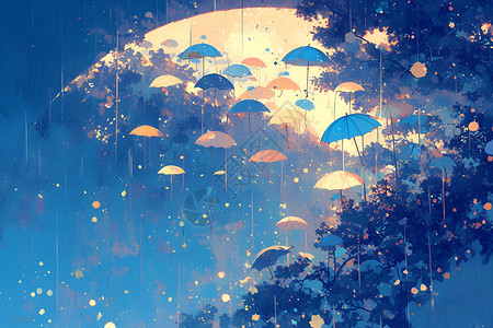 下雨天空素材月夜里的雨伞插画