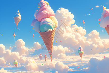 飞到天空中天空中的甜筒冰淇淋插画