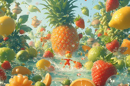 水西瓜漂浮在水面上的水果插画