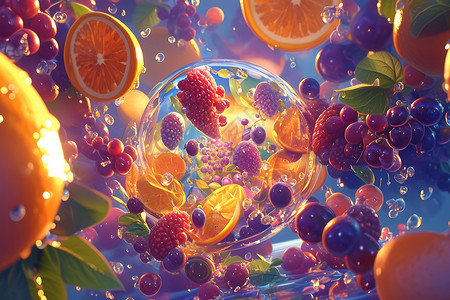 漂浮美食水泡里漂浮的水果插画