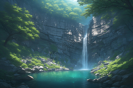 瀑布中的宁静美景背景图片
