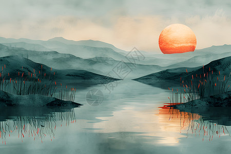 夕阳下的山水艺术画背景图片