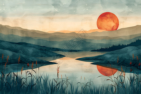 日落下的山水背景图片