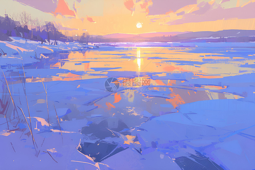 日落下的冰湖图片