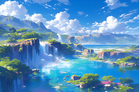 山间瀑布壮丽的湖泊瀑布插画
