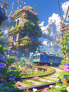 绚丽的火车穿越仙境背景图片