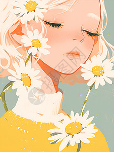 雏菊花丛里的女孩背景图片