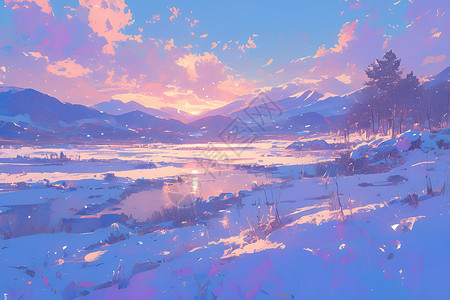 雪景夕阳夕阳下的山脉雪景插画