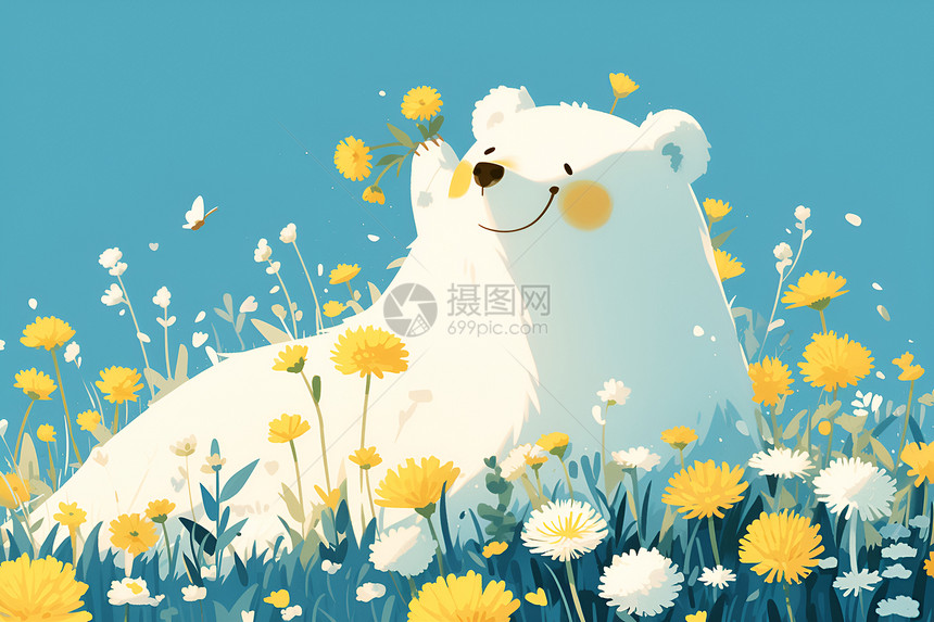 白熊在花丛图片