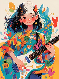 吉他女孩穿着花衬衫背景图片