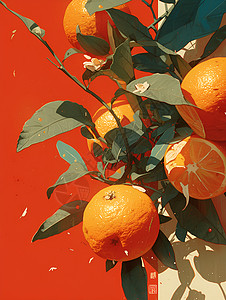 带叶子的橙子绿叶间的橙子插画
