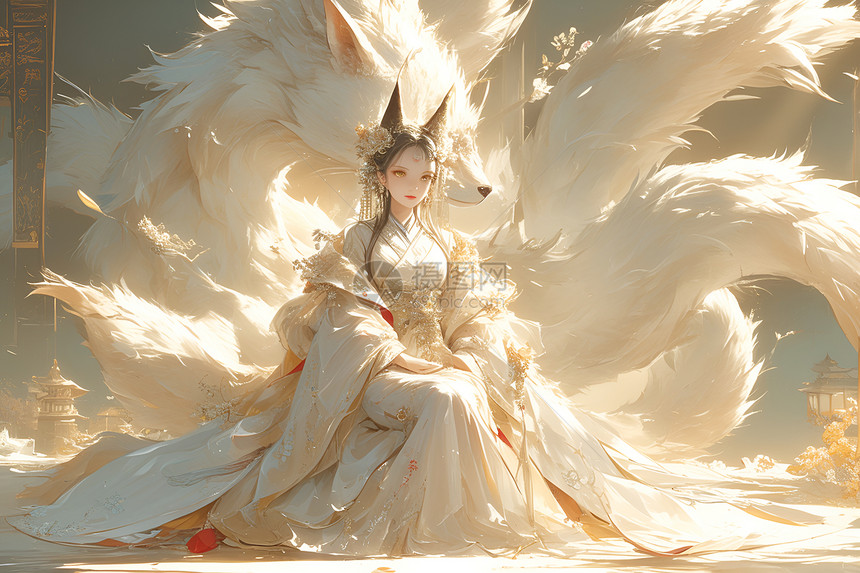 九尾狐妖化身的神秘女孩华美的中国婚纱衬托出她的灵动身姿在细腻的花朵背景下图片