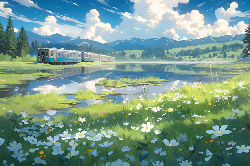 草原池塘边的火车图片