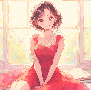 窗前微笑的红裙女孩背景图片
