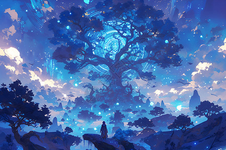 绚丽星光下的神仙树背景图片