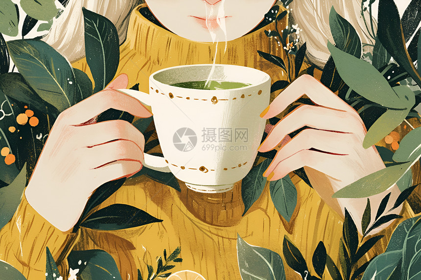 捧着一杯绿茶的女孩图片
