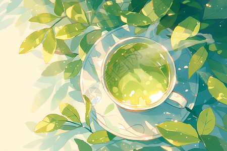 普洱绿茶阳光下的绿茶插画