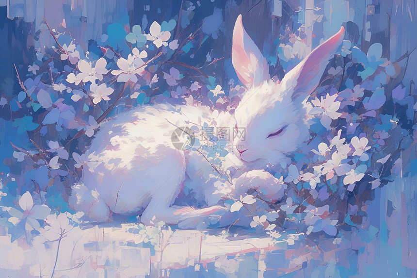 躺在鲜花丛中的小白兔图片