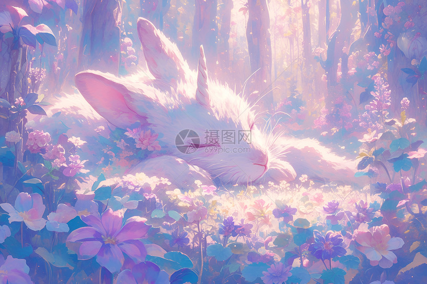 梦幻花园中的沉睡的兔子图片