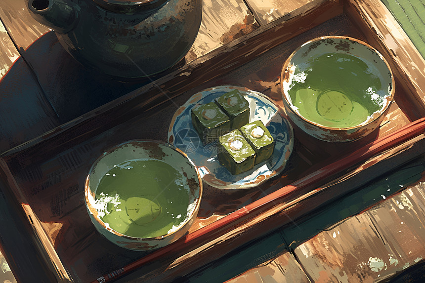 木托盘里的绿茶图片