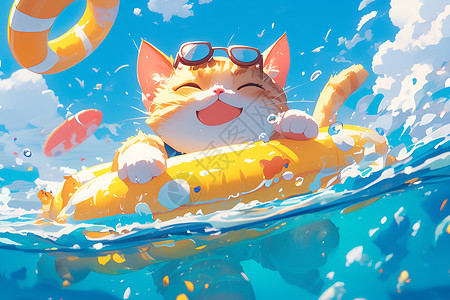 天际泳池夏日清凉猫儿嬉水插画