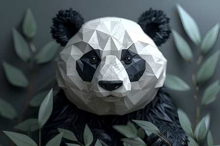 折纸熊猫与树叶背景图片