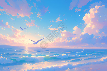 翱翔蓝天的海鸥静谧的日出插画