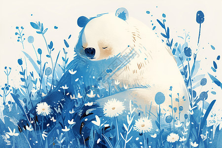 蓝色花丛拿着蓝色花朵的熊插画