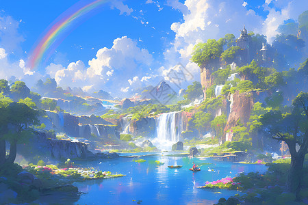 瀑布之上彩虹仙境里的瀑布奇景插画
