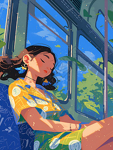一期一会巴士上小睡一会的女孩插画
