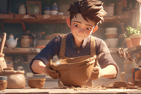 窗前做陶盆的男孩背景图片