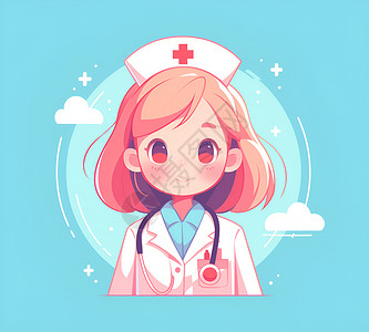 护士单人形象蓝色背景下的白衣天使插画